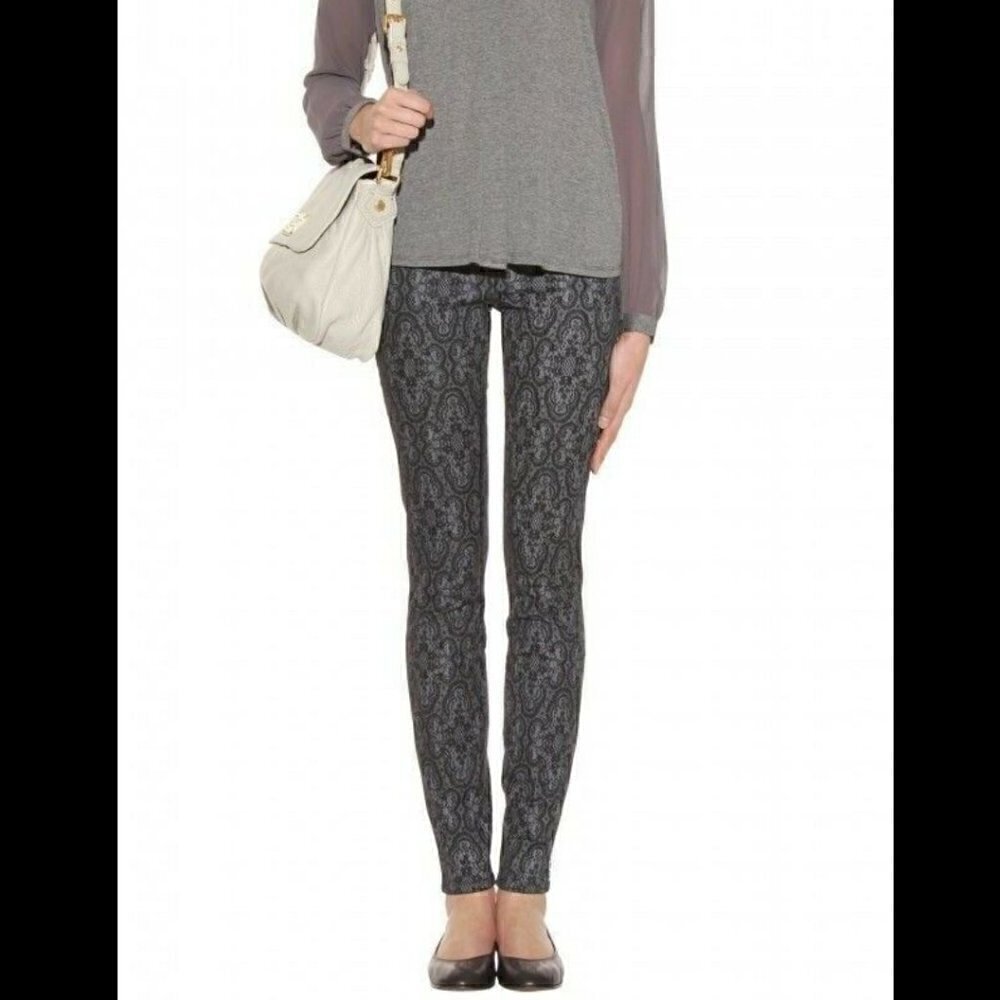 Current/Elliott Revolve Ankle Skinny Jean 26 Black Antique Lace Denim Printed